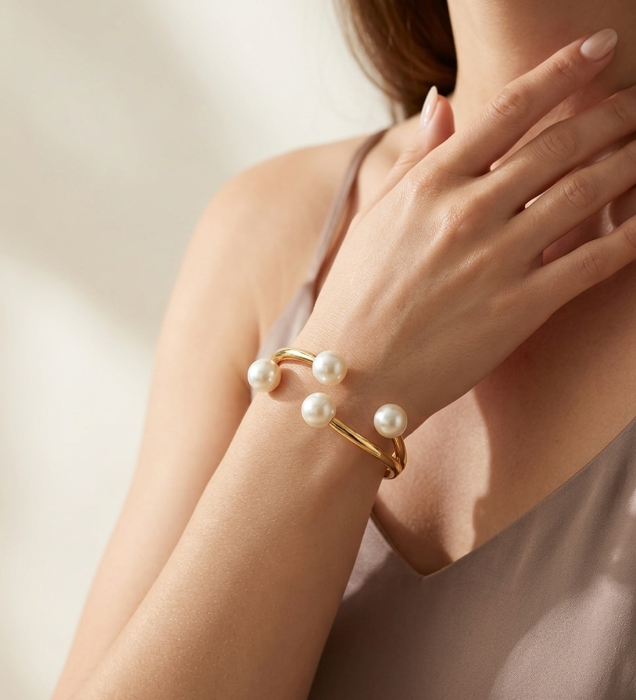 Gold Pearl Open Cuff Bracelet — alternate view