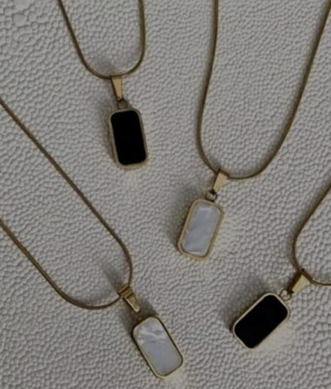 Gold Rectangle Pendant Necklace – Black & White Stone