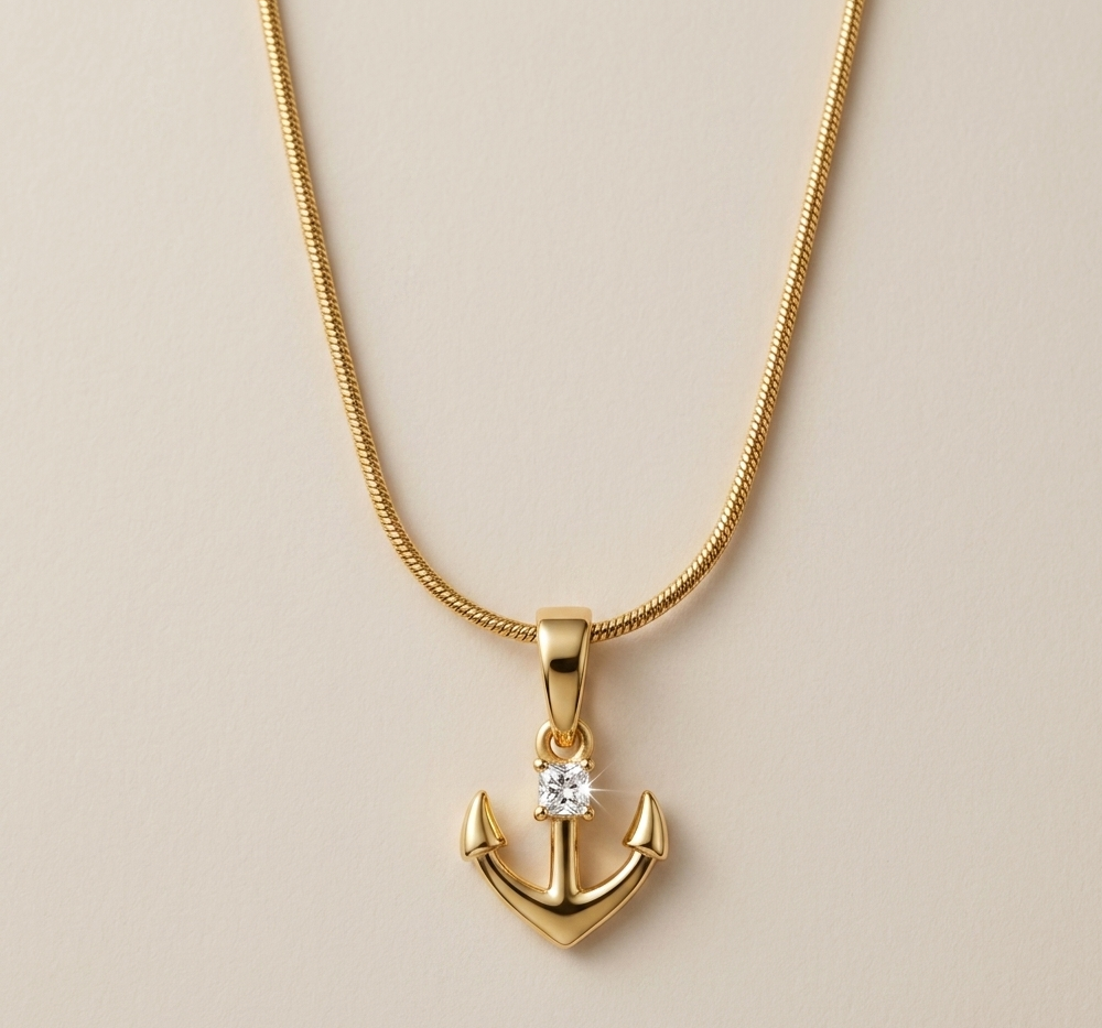 Gold Anchor Pendant Necklace with Crystal – Minimal Nautical