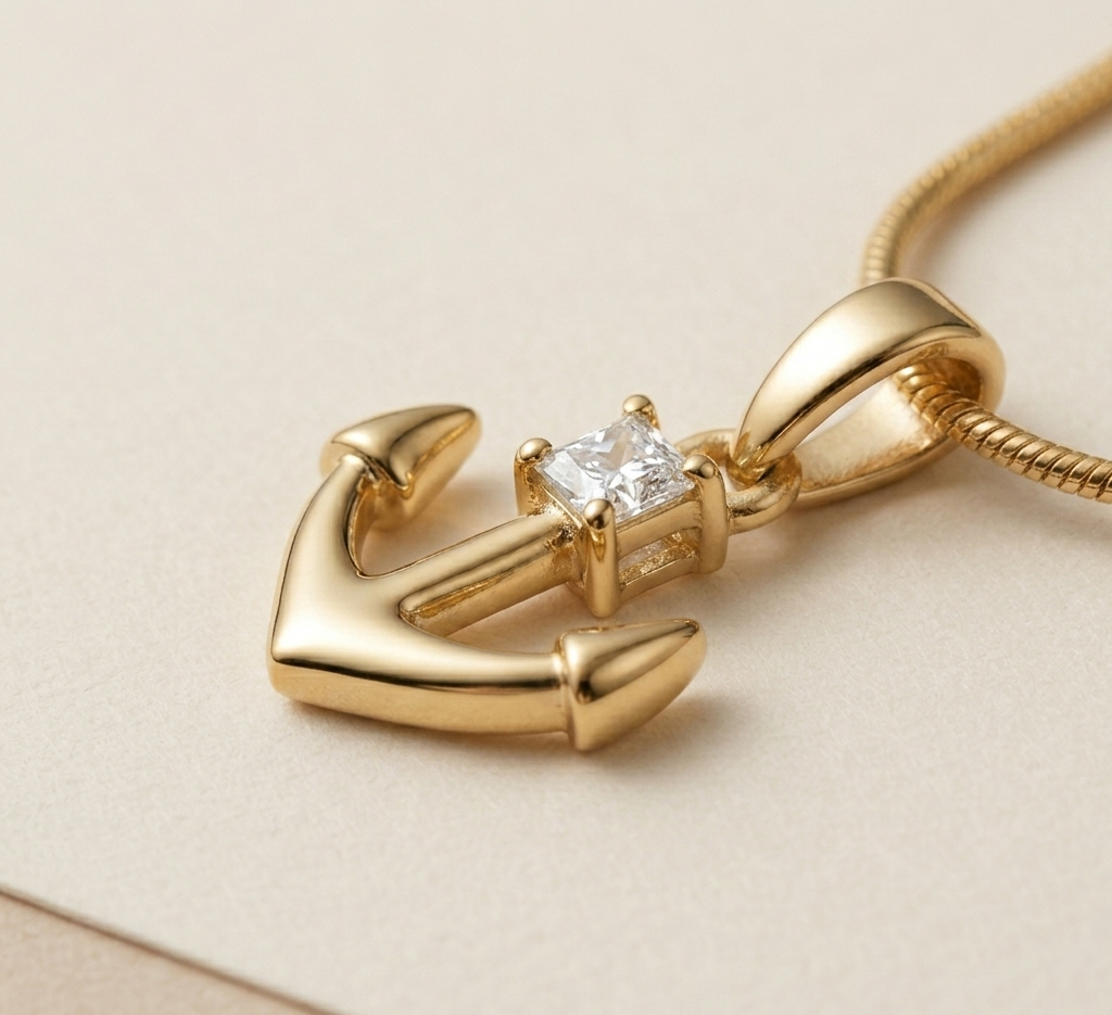 Gold Anchor Pendant Necklace with Crystal – Minimal Nautical — alternate view