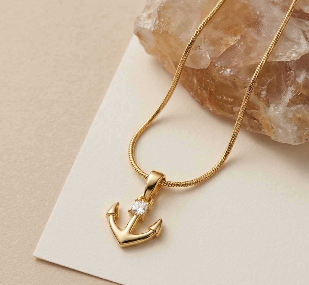 Gold Anchor Pendant Necklace with Crystal – Minimal Nautical product view 3