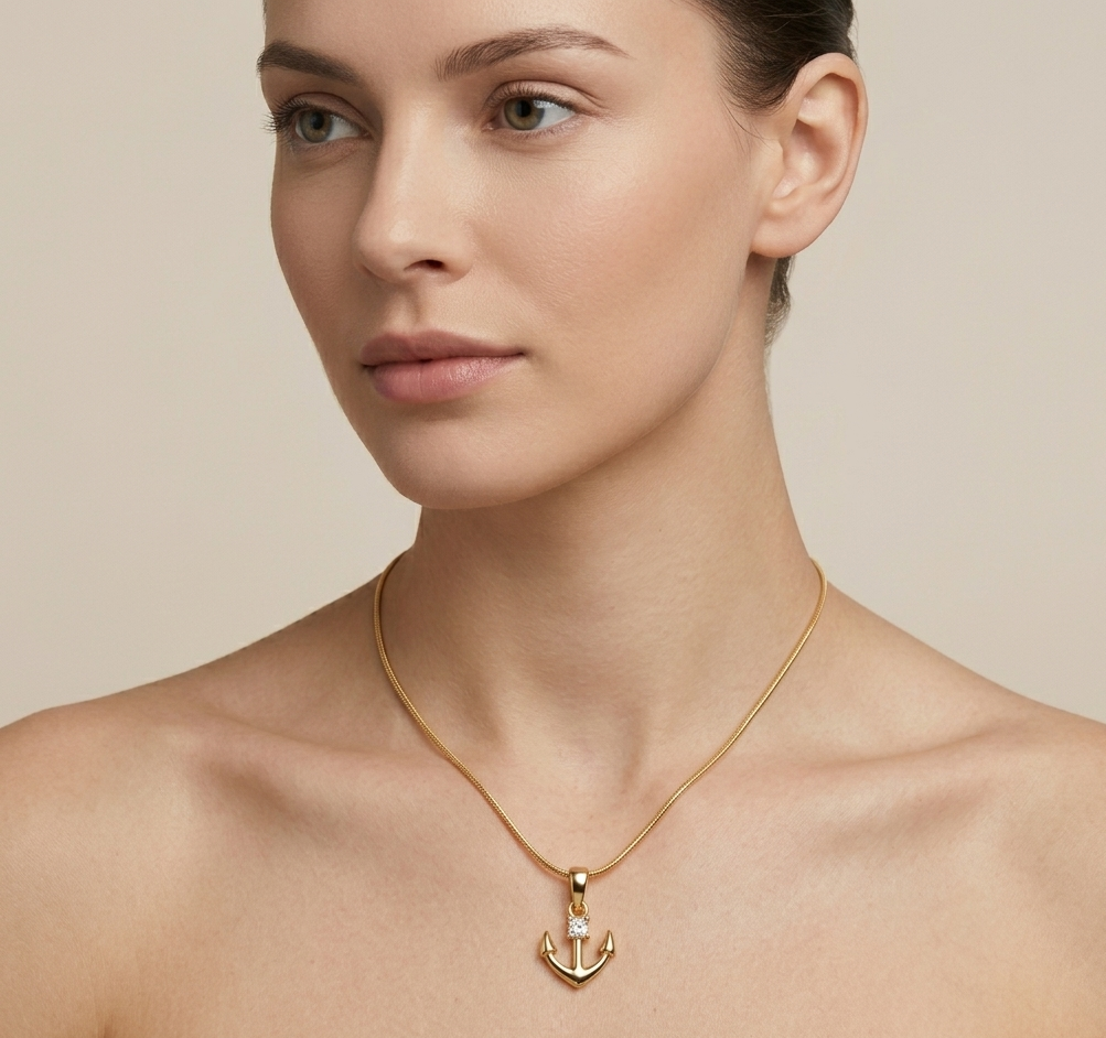 Gold Anchor Pendant Necklace with Crystal – Minimal Nautical product view 4